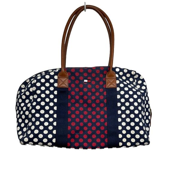 Tommy Hilfiger Canvas Zippered Tote Bag Red White Blue Overnight Classic - Picture 1 of 8